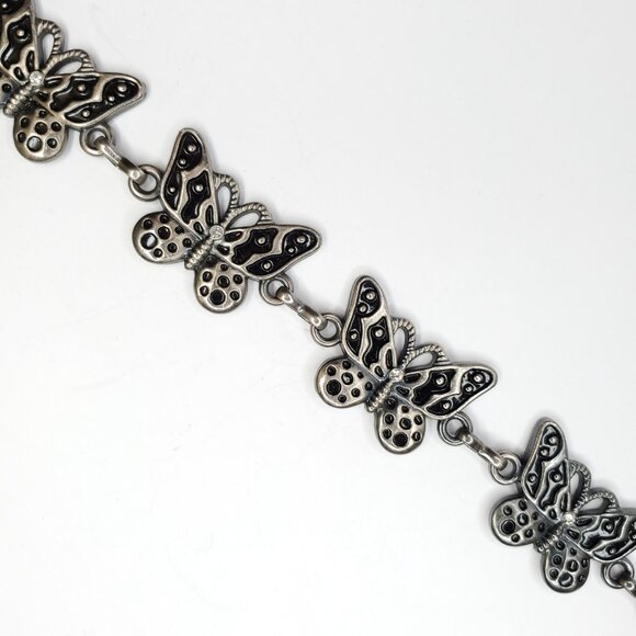 Butterfly Link Chain Belt Silvertone Black Rhinestones Whimsey Goth 25 1/2"- 40" - Picture 3 of 4